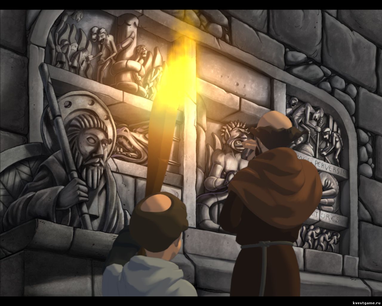 Одна из кнопок для открытия потайной двери Murder in the Abbey - Леонардо ищет в склепе потайную дверь (глава 3)