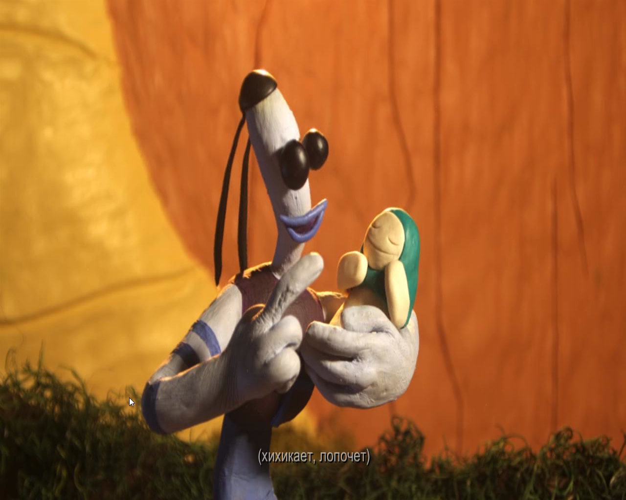 Screenshot из игры Armikrog - Томминавт успокаивает Пи перед похищением (башня 3)